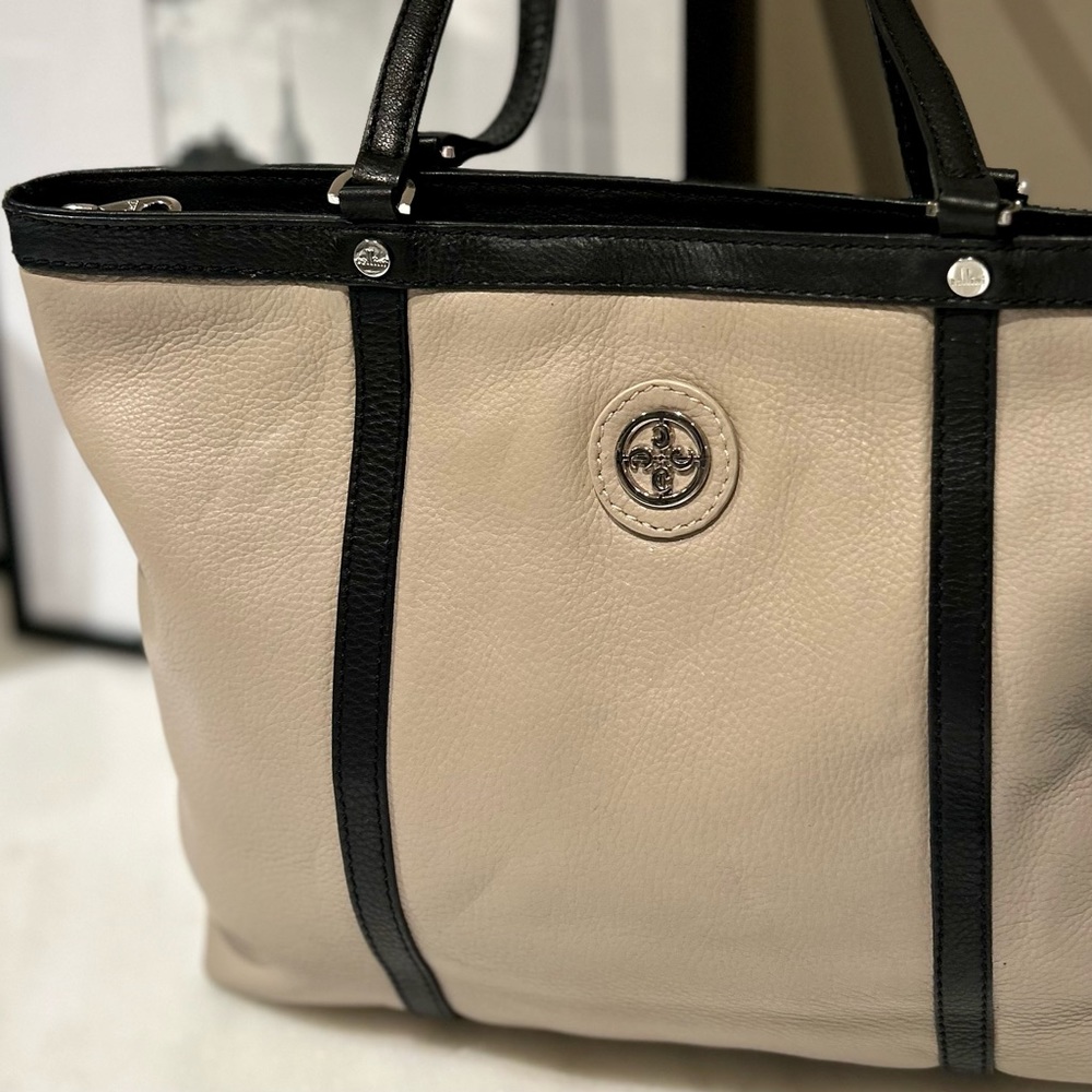 Cellini Leather Taupe with Black Contrast Handbag/Tote Bag NWOT